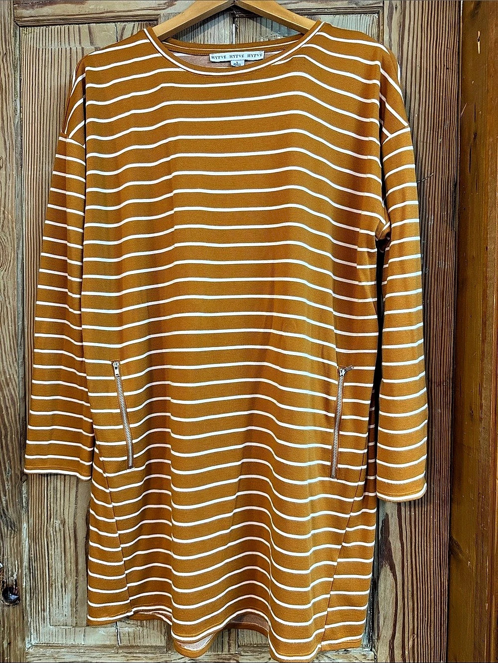 HYFVE Striped Long Sleeve Dress in mustard & White Size Large